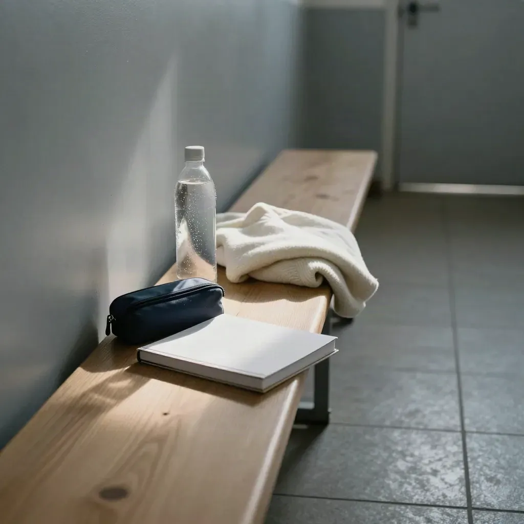 Cichy korytarz z ławką, zamkniętym piórnikiem, butelką wody, swetrem i zeszytem przed egzaminem.