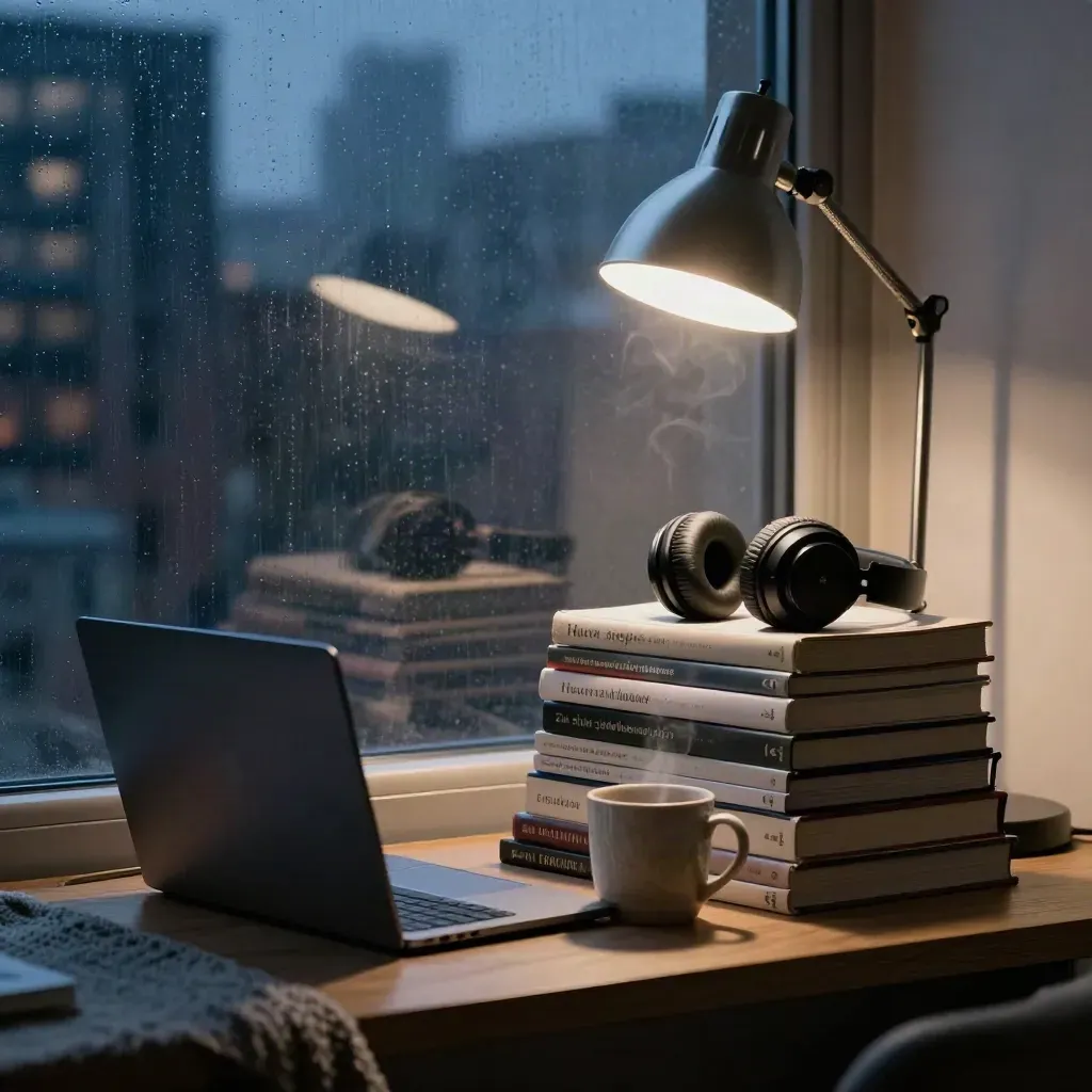 Wieczorny kącik do angielskiego: zamknięty laptop, książki, kubek, słuchawki i lampka przy oknie.